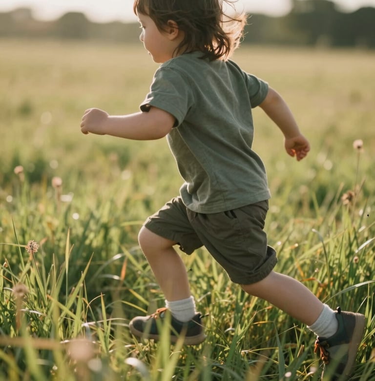 Close-up candid photograph of a child running through tall grass in a North American / US meadow. The lighting is warm and sun-drenched, creating a cinematic feel with soft out-of-focus highlights.