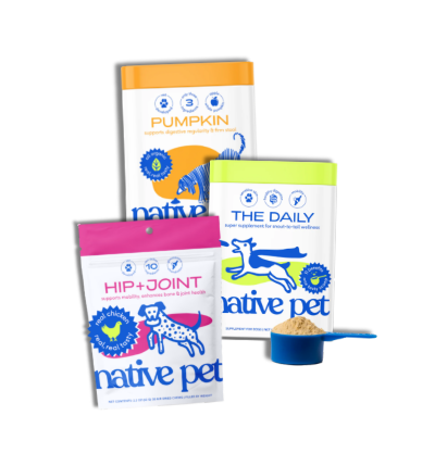 The Native Pet supplement stack featuring The Daily, Hip + Joint, and Pumpkin Powder for a complete 