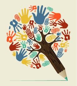 Un arbre dont le tronc est taillé comme un crayon, les feuilles sont des mains de couleur