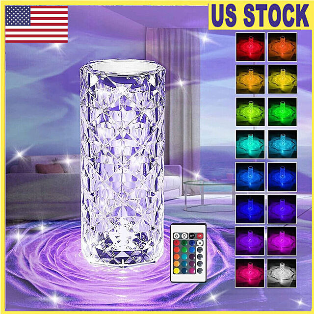 RGB Crystal Table Lamp Diamond Rose LED Night Light Touch Sensor