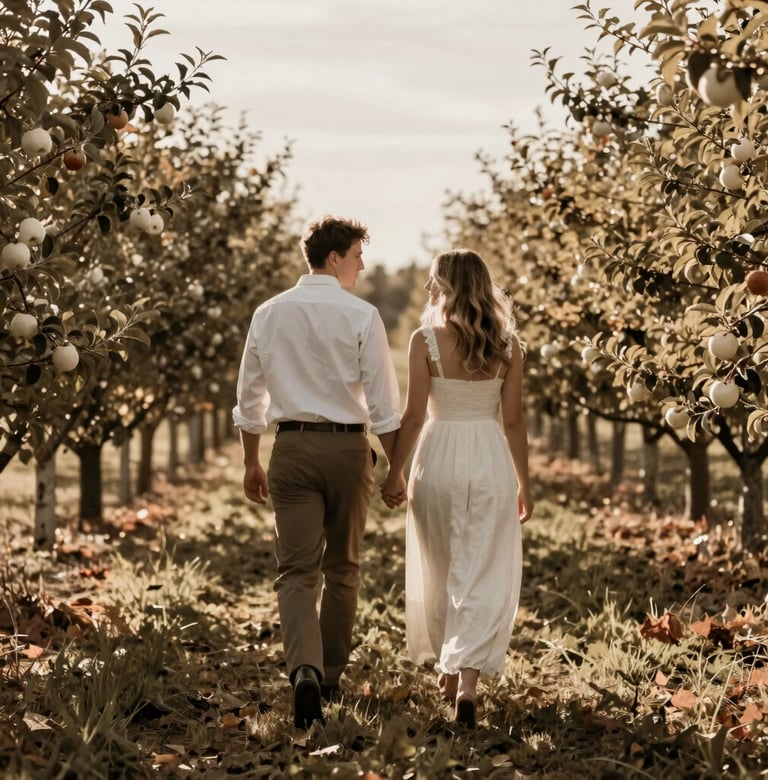A lifestyle photography shot of a couple walking through a sunlit apple orchard in West Michigan. Warm brown and off-white color palette, timeless and sophisticated mood with natural elegance.