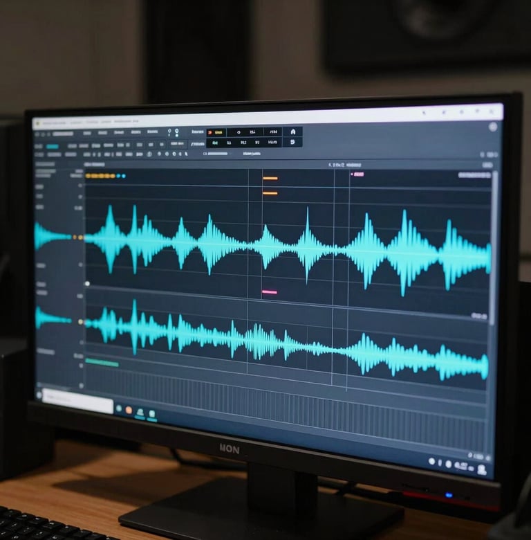 Detail of a large-screen studio monitor showing complex digital audio waveforms and mixing software. Dark, professional control room atmosphere in a Spanish city. Technical mastery and precision, with blue gray and dark navy colors.