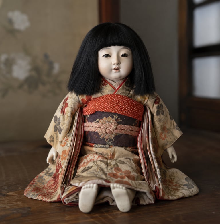 Vintage Japanese Ichimatsu doll wearing a floral silk kimono and obi sash sitting on a wooden surface.
