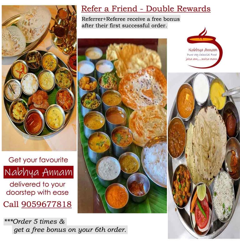 Traditional South Indian meals served on a banana leaf, with fluffy chappathis, curries & sambar.