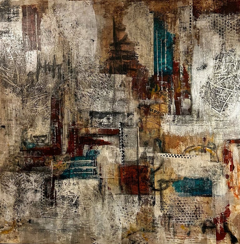 Neo-expressionism art, mixed media collage painting. Laurence Moracchini Ditchling East Sussex artist.