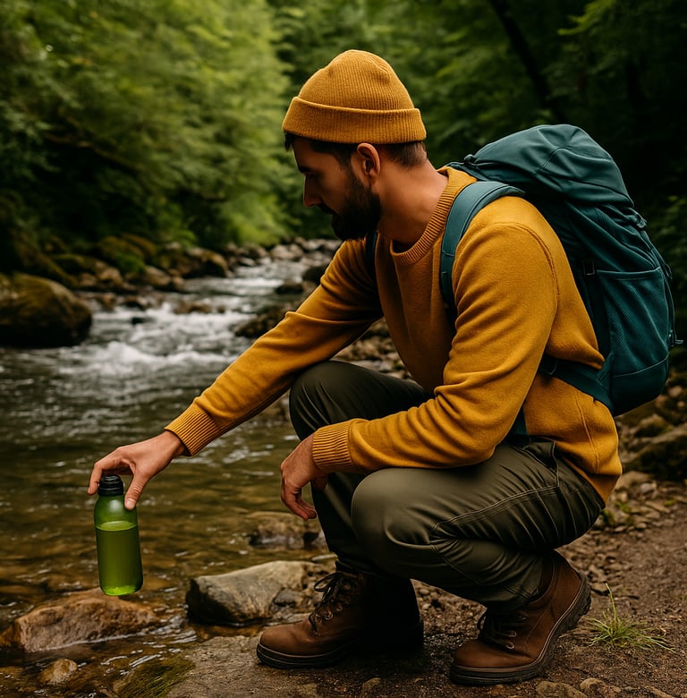 Camper collecting drinking water with bottle from forest stream