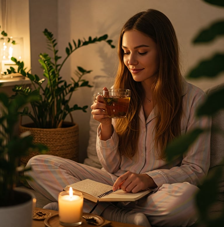 mujer sentada tranquilamente tomando te y leyendo