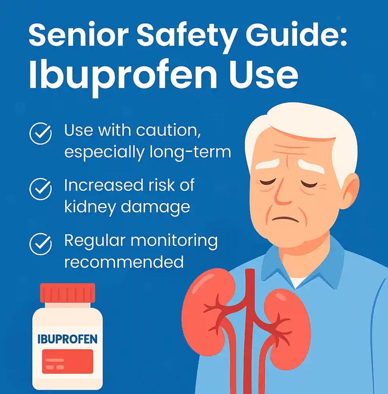 Senior safety guide infographic showing ibuprofen use tips and kidney health warning in a medical-style design