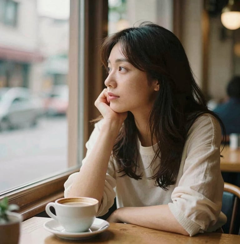 A candid, grainy film photograph of a woman sitting alone in a sun-drenched café, looking thoughtfully out of the window. The lighting is warm and natural, highlighting a ceramic cup on the table. Colors include muted brown #8C735F and soft cream #F8F3EC.