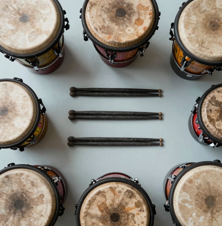 A top-down photograph of various colorful percussion instruments and Dark Charcoal drumsticks arranged neatly on a Light Mist surface, bright and funky aesthetic in a International / English-speaking music room.