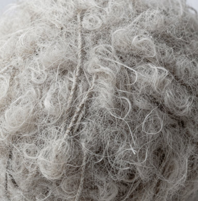 Macro photography of raw organic wool texture. Soft focus on the edges, light gray and white tones. Clean, elegant, and professional aesthetic typical of Northern European design.
