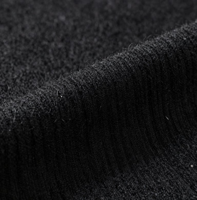 Close-up detail of high-quality black cashmere texture, soft studio lighting highlighting the artistic craftsmanship, #0F0F0F palette, sleek and sophisticated.