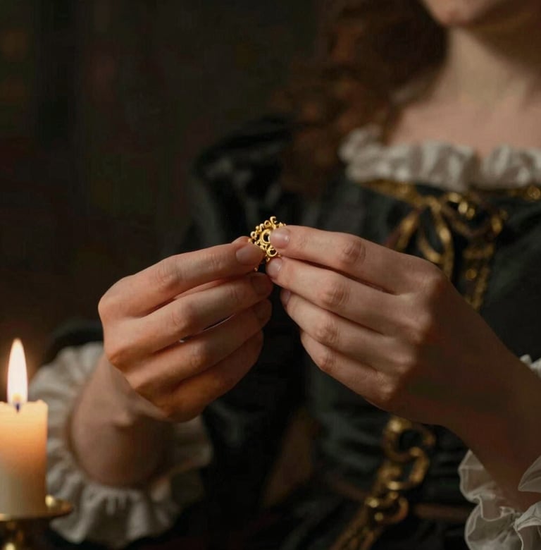 Close up shot of hands holding a golden accessory, lit with hard, dramatic light that mimics a candle-lit Baroque painting. Deep charcoal shadows and warm terracotta skin tones. Sophisticated and approachable mood.
