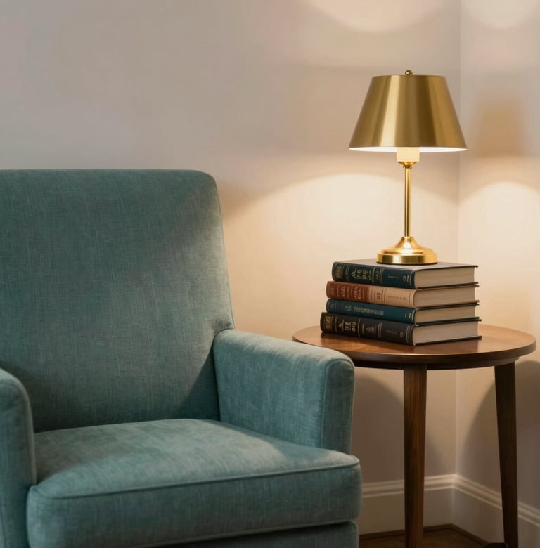 A cozy, sophisticated reading nook with a #7A9E9F teal upholstered chair and a wooden side table. A warm #D4B281 golden lamp illuminates a stack of library books. The setting is scholarly yet inviting, against a neutral #F8F6F4 wall.