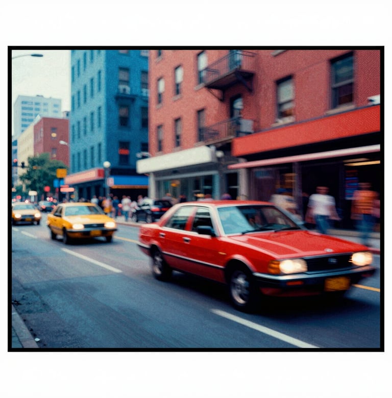 Abstract comic book panel showing a high-speed motion blur of a city street. Flat primary colors #0050B3 and #D4202B. Graphic halftone textures used for shading. Thick black border, 1960s Nouvelle Vague cinema aesthetic.