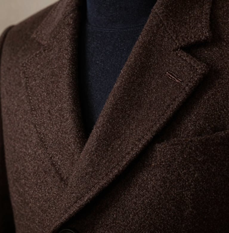 Close-up detail shot of a handsomely tailored coat collar in dark espresso brown wool, showcasing exquisite handmade stitching. Professional editorial photography, soft side lighting, rich textile texture.
