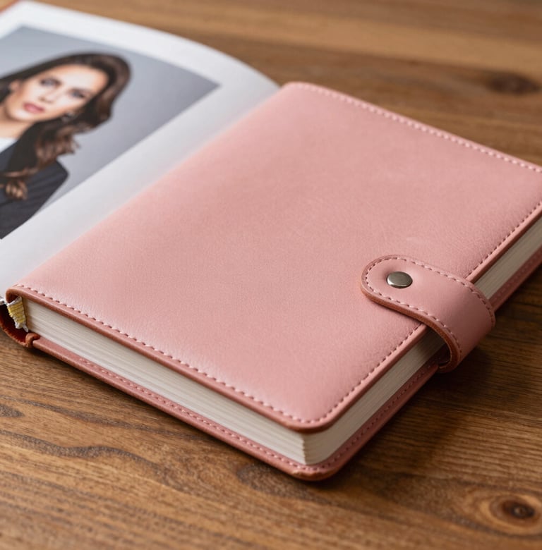 Detailed close-up photography of a premium leather-bound photo album in Dusty Rose color, resting on a wooden table with soft focus on a professional portrait of a woman inside, warm natural lighting.