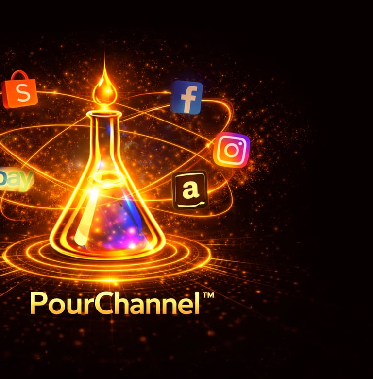 Pour Channel visual showing multiple ecommerce platforms connected to brand distribution