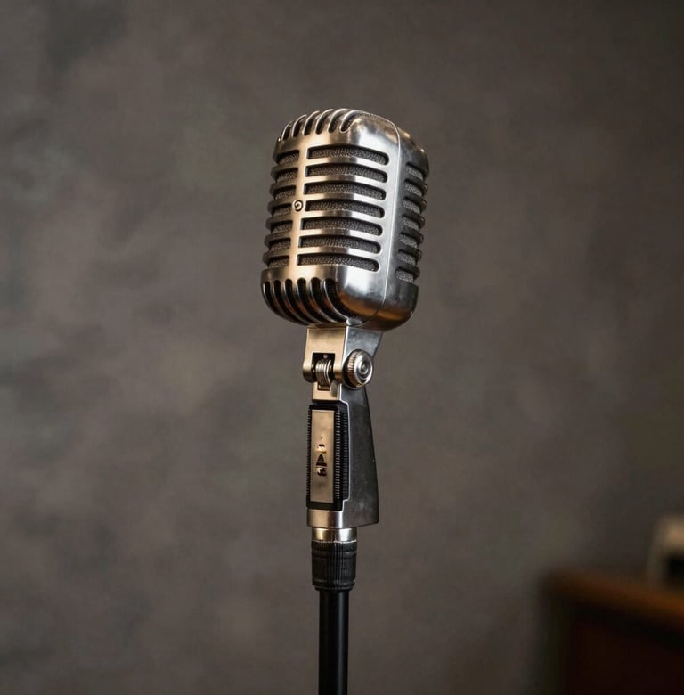 A vintage-style condenser microphone on a stand in a moody North American / US jazz club, warm stone grey lighting reflecting off the metal, timeless and elegant atmosphere.