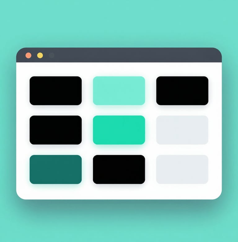 A minimalist technical illustration showing a sophisticated UI component library. Uses a color palette of tropical teal, black, and platinum. The lighting is soft and even, highlighting the refined, clean structure of the design system.