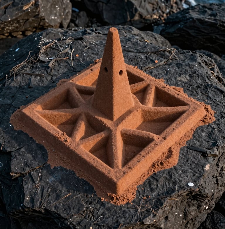 A medium shot of an intricate geometric sand structure built atop a dark charcoal coastal rock. The afternoon sun creates a high-contrast lighting effect, emphasizing the sharp lines and organic curves of the terracotta-hued sand art.
