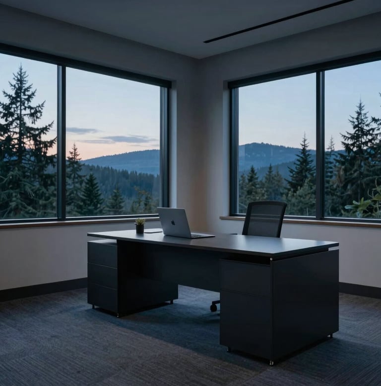 A minimalist interior design office in the North American Pacific Northwest, twilight lighting filtering through windows, muted indigo and charcoal furniture, professional and restrained mood.