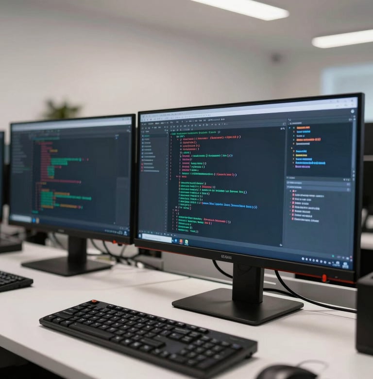 An elegant close-up photograph of a professional workstation in a Mexican tech firm. Multiple sleek screens display detailed digital threat statistics and structural code. The room has neutral colors with a brilliant white finish.