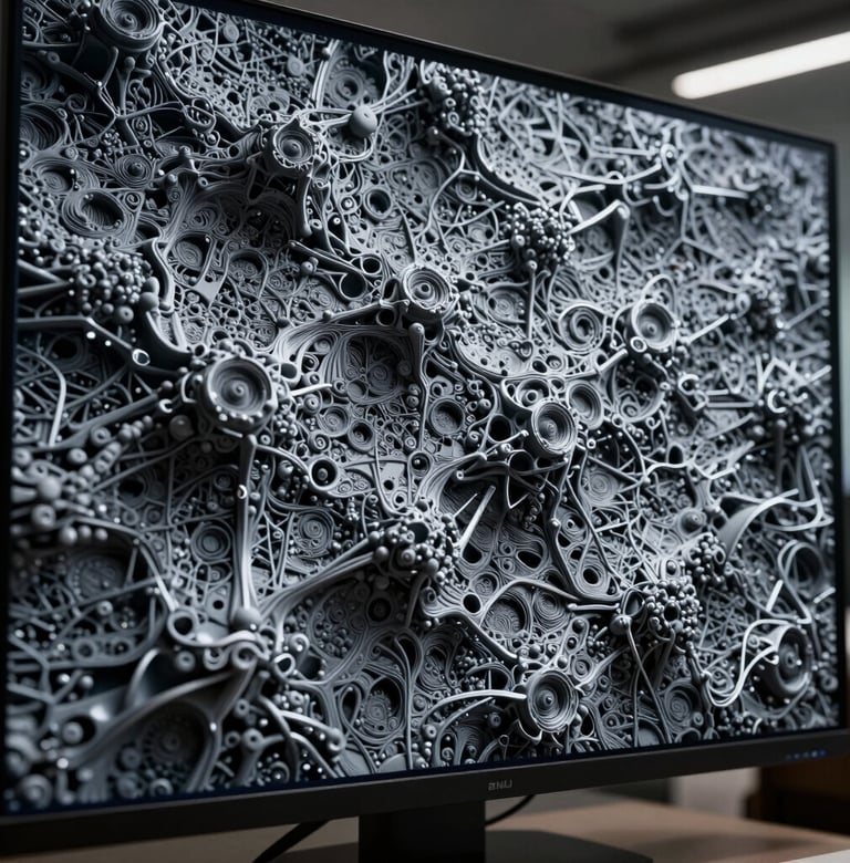 A macro shot of a complex 3D digital texture being rendered on a large screen, showing intricate patterns in dark charcoal grey and cool silver grey in a professional North American / US workspace.