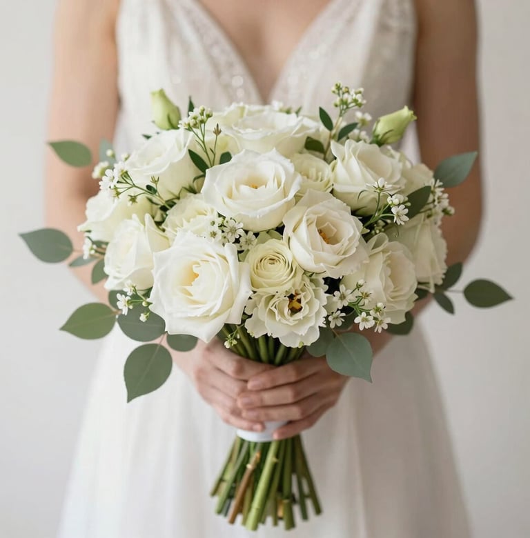 A detailed close-up of a bridal bouquet featuring pale blooms and greenery, shot against a #F5F2F0 background with soft shadows, professional and premium feel.