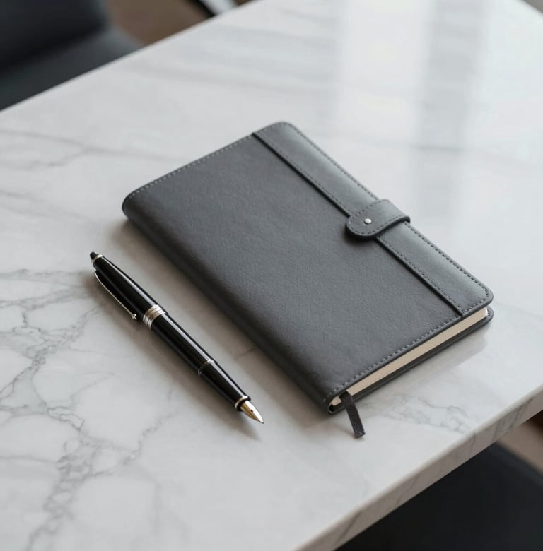 A minimalist overhead view of a luxury marble desk with a single fountain pen and a leather-bound notebook, representing intellectual authority and senior-level decision making. Muted palette featuring #1A2C38.