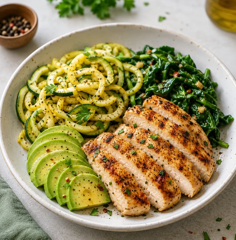Grilled chicken breast bowl with zucchini noodles, sliced avocado, and sautéed spinach for a healthy keto meal.