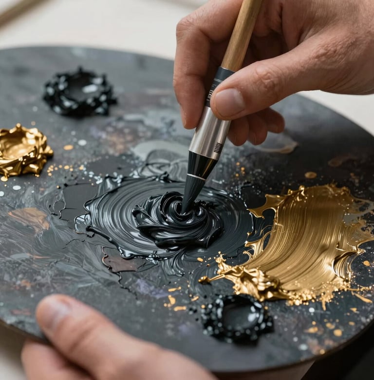 A close-up photograph of an artist's hands mixing thick oil paints on a dark palette. The paint colors are inspired by the brand: Dark Charcoal and Muted Antique Gold. International / Global Art Scene professional studio setting.