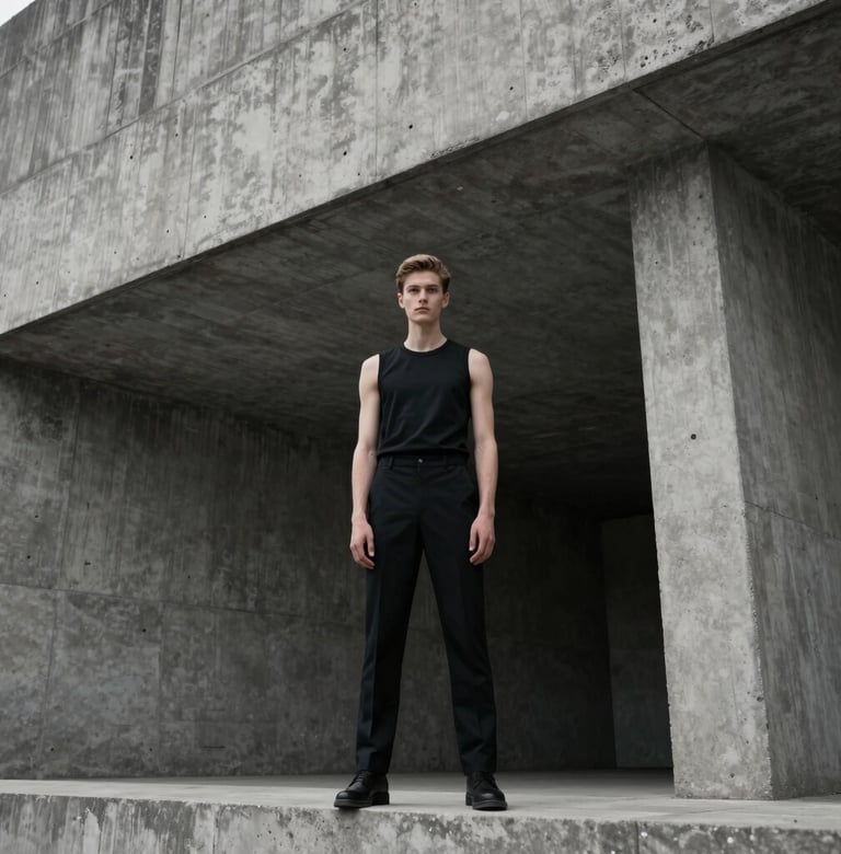 Low angle architectural shot of the model standing against a brutalist concrete structure. The colors are muted charcoal grey and jet black, conveying strength and stability. Clean lines and minimalist composition.