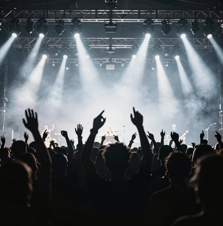 Silhouette of a concert crowd with hands raised against a backdrop of flashing white stage lights, deep black foreground, minimalist and energetic rock-and-roll composition, Western European / Dutch music festival.