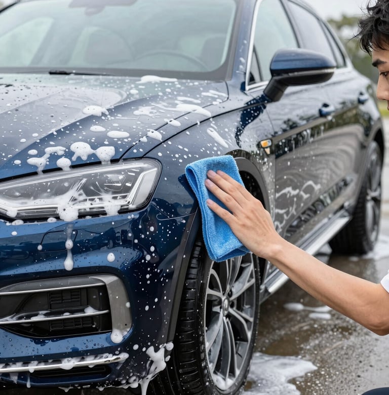 a person washing a black car with a blue rag