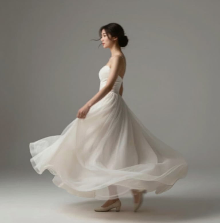 A blurred motion shot of a bride spinning in her dress, captured with an artistic, contemporary flair. The palette features soft #CFC7BB and #6E6D74 hues with a professional, cinematic feel.