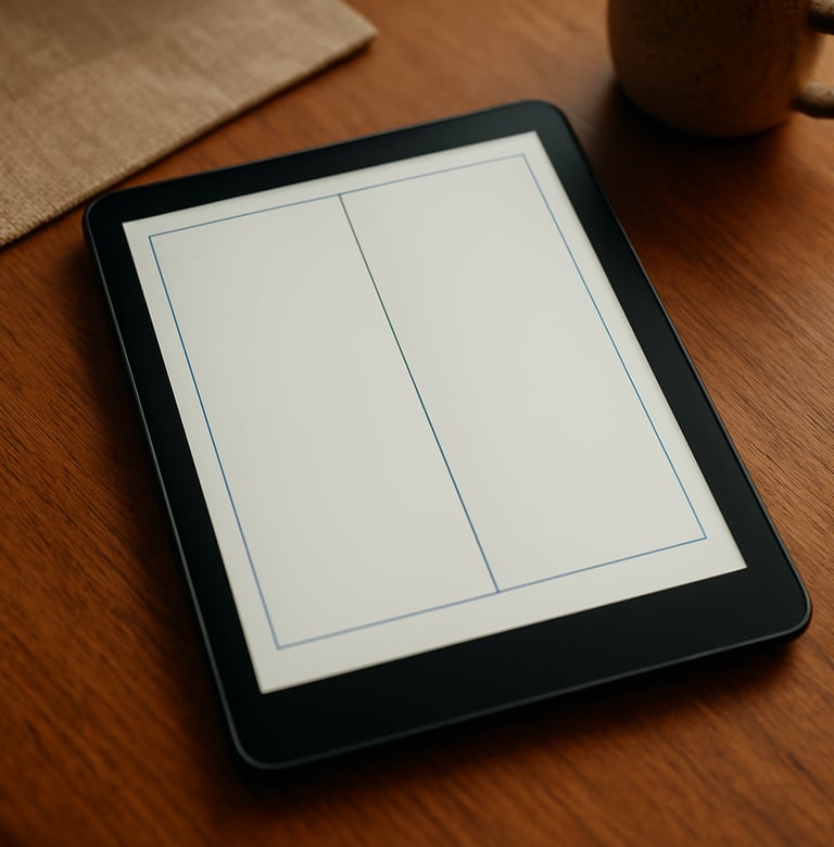 Internal page layout of a digital book on a tablet, showcasing clean typography and spacious margins, steel blue accent lines, soft backlight, South American / Brazilian domestic setting.