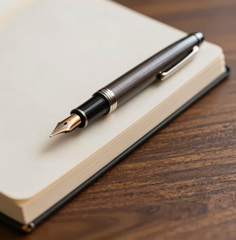 A close-up of an open fountain pen resting on a thick, cream-colored research journal. Beside it, an espresso-toned wooden desk shows a quiet grain, conveying a sense of deep study and academic rigor.