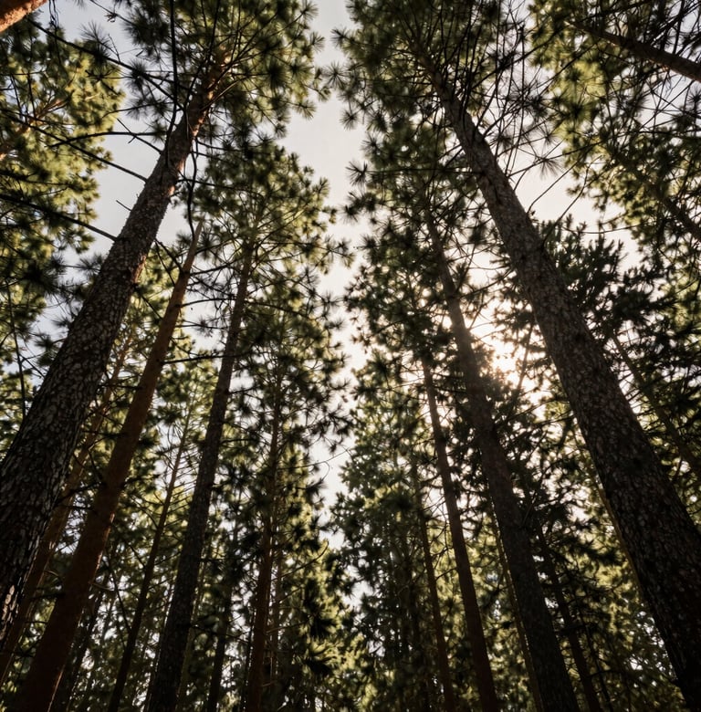 Looking up from the forest floor into a canopy of tall pine trees in the US. Sunlight filters through in sharp rays against an off-white sky. Dark forest green and earth brown palette.