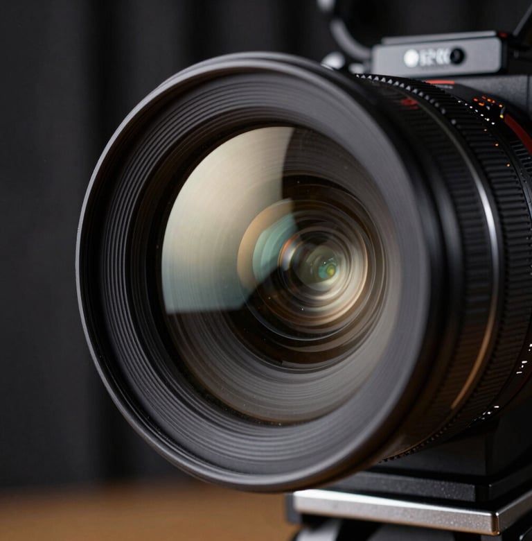 Close-up of a high-end cinema camera lens reflecting a rich black soundstage in a North American / US studio, sharp off-white glints on the glass.