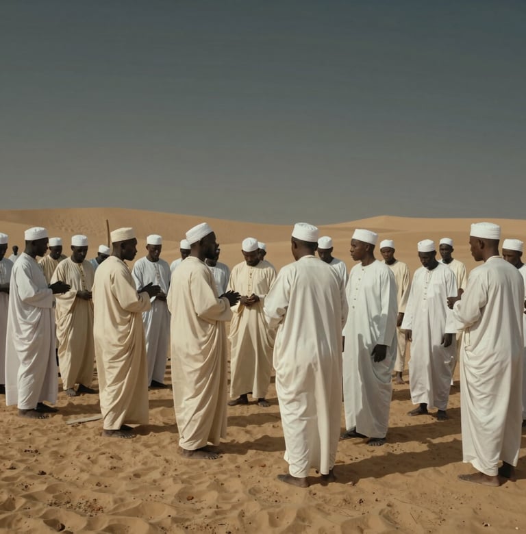 A wide shot of a traditional Angolana ceremony in the desert, participants in off-white garments, captured with a moody, dark grey atmosphere and cinematic scale.