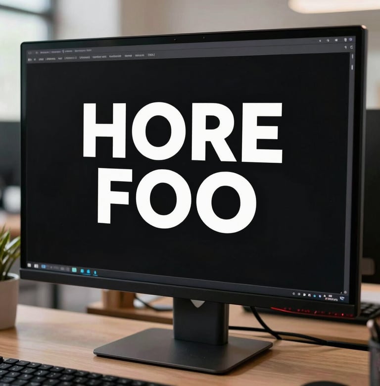 High-quality photography of a desktop monitor displaying clean, bold typography and a solid black interface, set in a professional North American / US office environment.