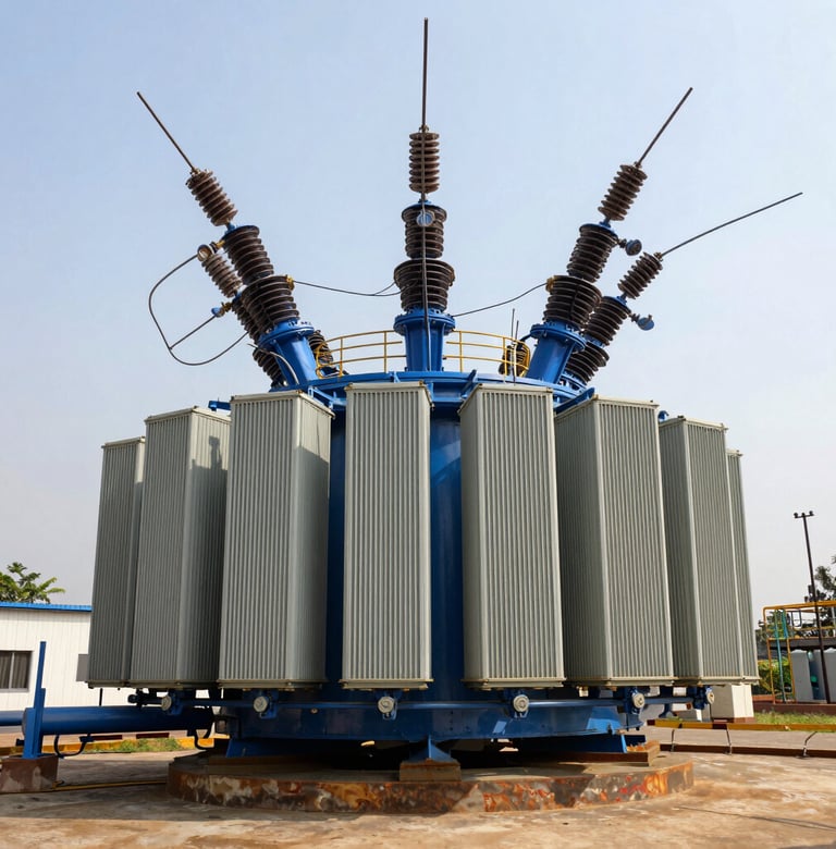 Professional industrial photography, wide shot of a massive electrical transformer station in Nigeria under bright daylight, deep royal blue accents, sharp focus, 35mm