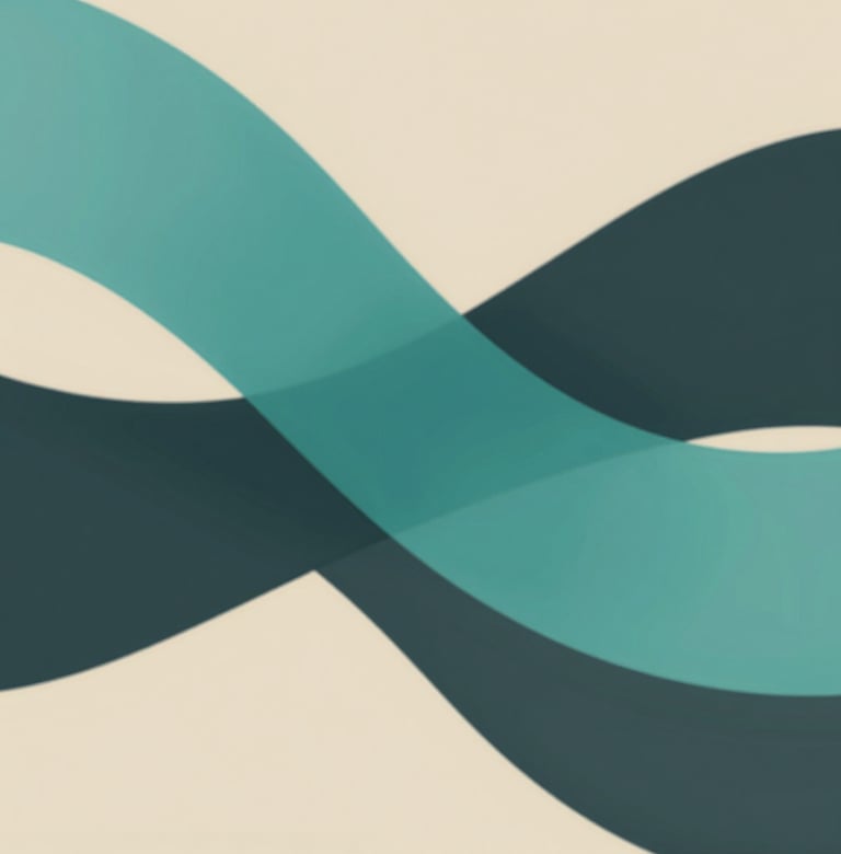 An elegant abstract animation still featuring flowing geometric shapes in shades of Teal and Charcoal against a Soft Sand backdrop, symbolizing clear communication and fluidity.