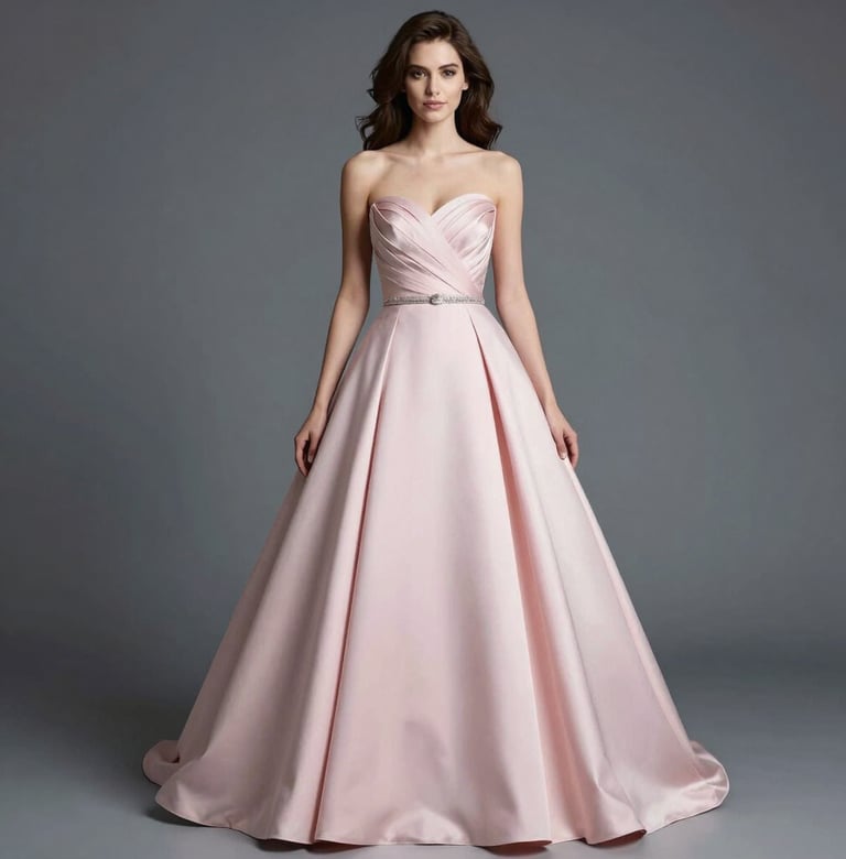 A stunning evening gown displayed on a mannequin with soft lighting highlighting its intricate details