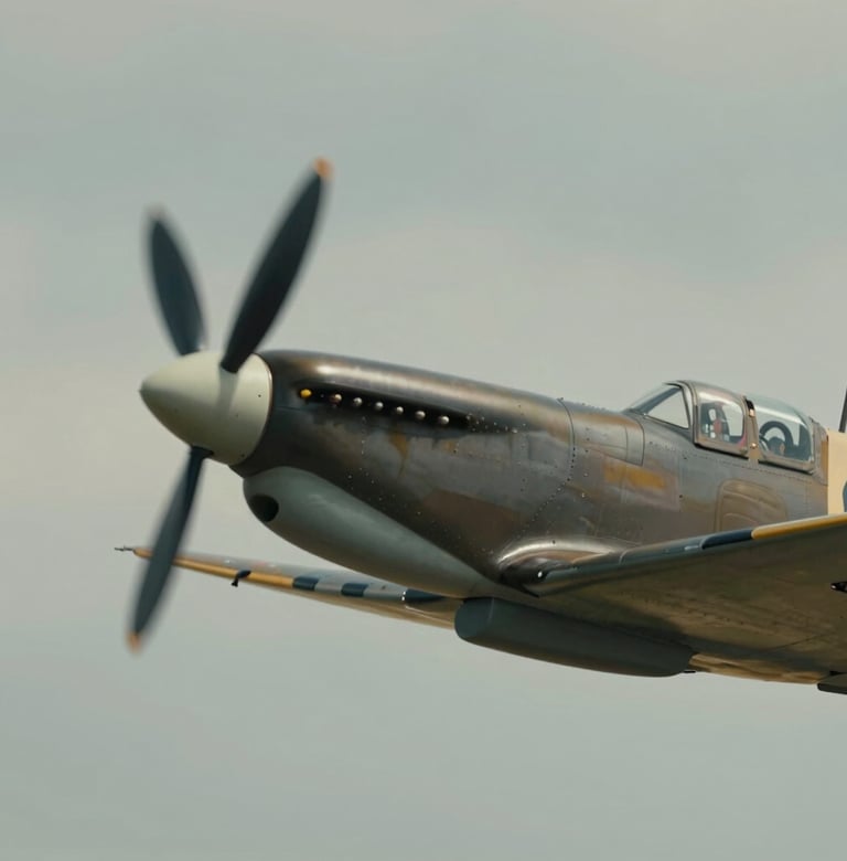 Profile view of the Spitfire wing against a muted #5D6D7E sky. Focus on the rivets and matte paint finish. Cinematic and timeless aesthetic.