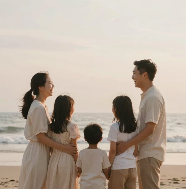 A joyful, minimalist photo of a family laughing together on a quiet Sanur beach. The lighting is soft and warm, capturing genuine laughter. The colors are dominated by soft sandy beiges (#D4C7BB) and muted earthy tones (#8F6E5F).