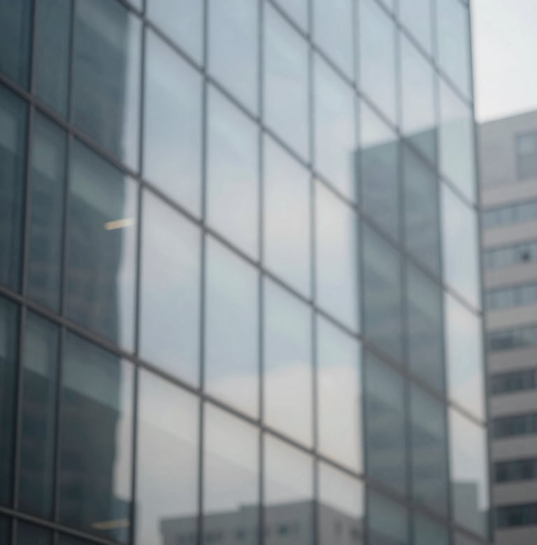 Abstract close-up of light reflecting off a glass facade. Distorted urban patterns in #F5F7FA and #D0D5DB, minimalist and contemporary framing.