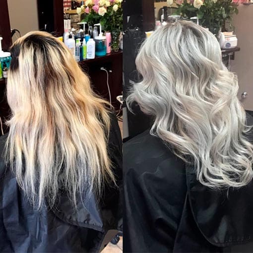Transformación de cabello antes y después mostrando el cambio de raíces rubio amarillento a balayage
