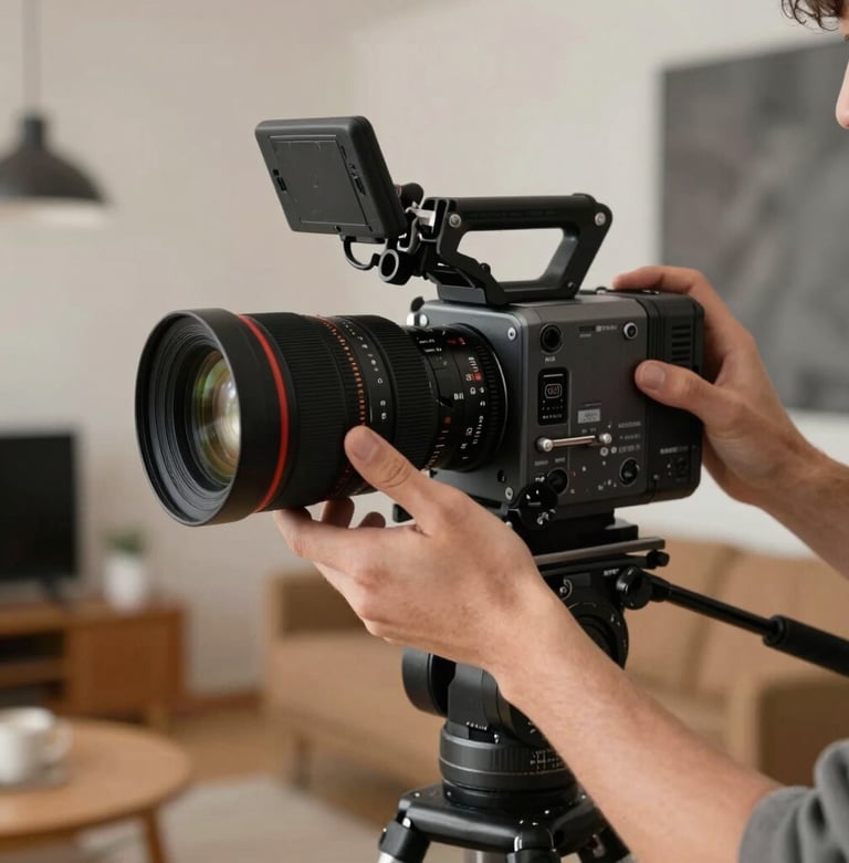 A close-up shot of a filmmaker's hands adjusting a professional cinema camera lens on a tripod. The setting is a modern North American interior with a warm, cozy atmosphere and charcoal accents.